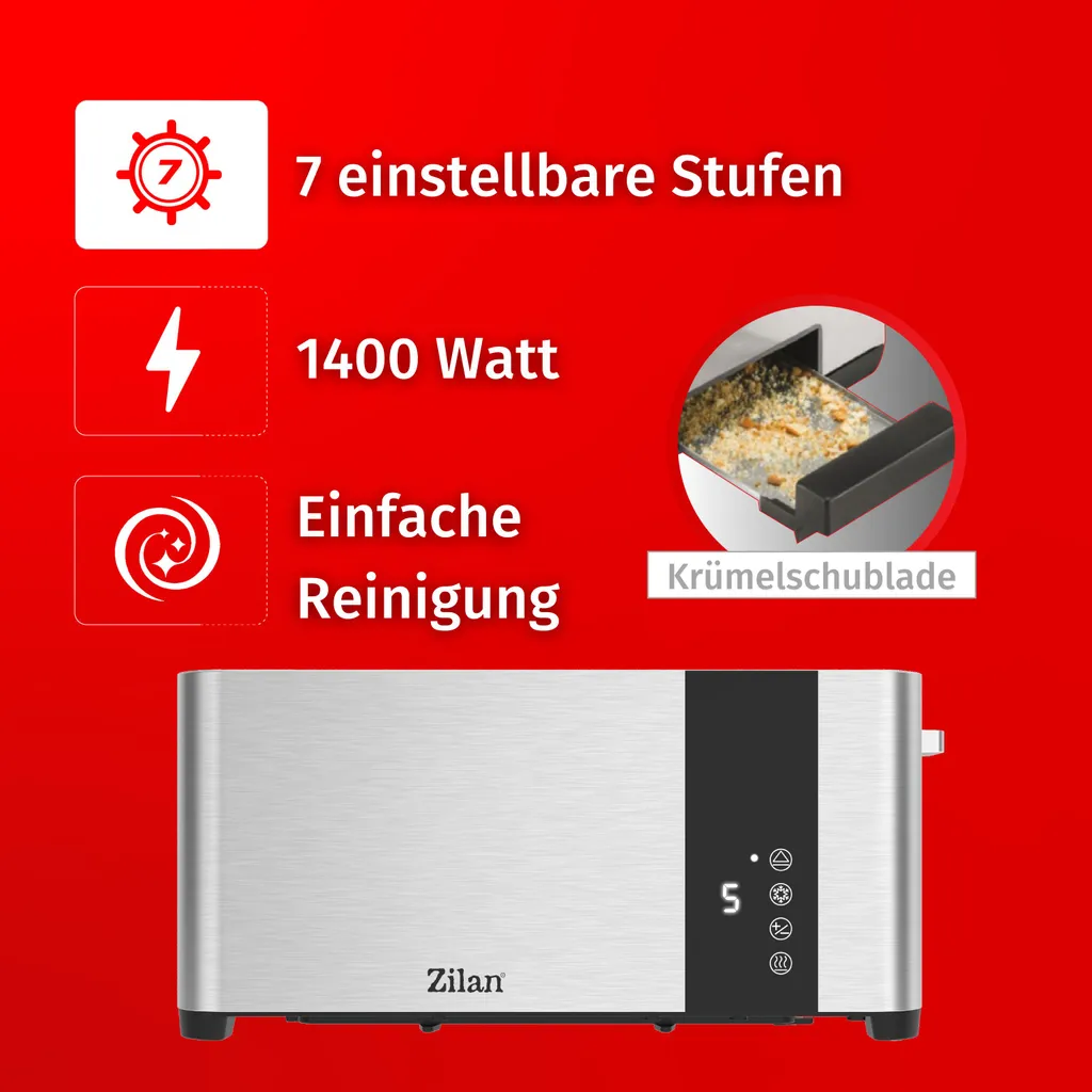 Tostapane a disco in acciaio inox Zilan | con attacco per panini e vassoio raccogli briciole | tostapane | macchina per tostare | 1400 watt | alloggiamento in acciaio inox | 7 impostazioni | display digitale con conto alla rovescia - 5