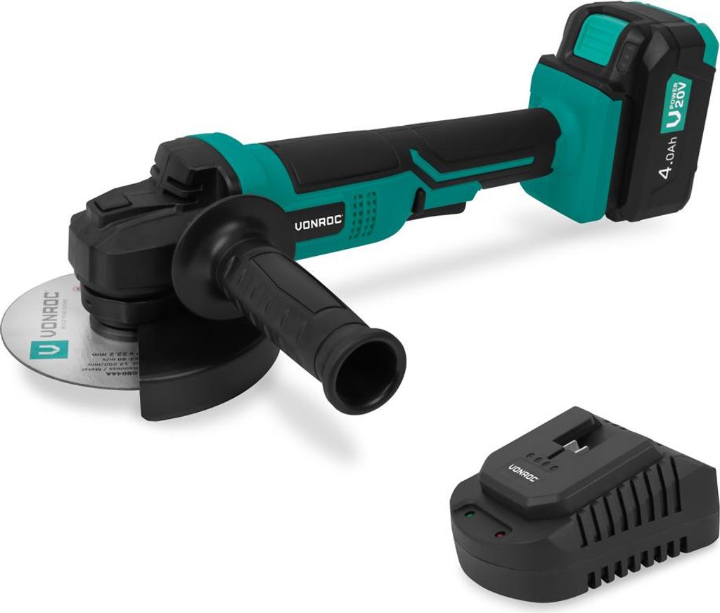 Vonroc Akku Winkelschleifer – 20V – Ø125 mm – Inklusive 4,0Ah-Akku & Schnellladegerät – Inklusive Seitengriff und Werkzeugtasche