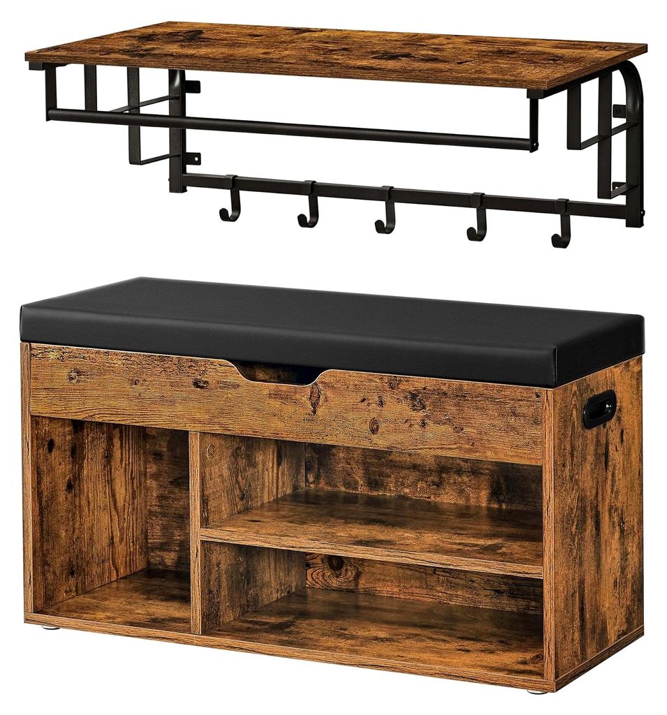 Schuhbank und Wandgarderobe im Industrie-Stil, Möbel-Set für den Eingangsbereich, Wandregal mit 5 abnehmbaren Haken, Sitzbank mit Kissen in vinta...