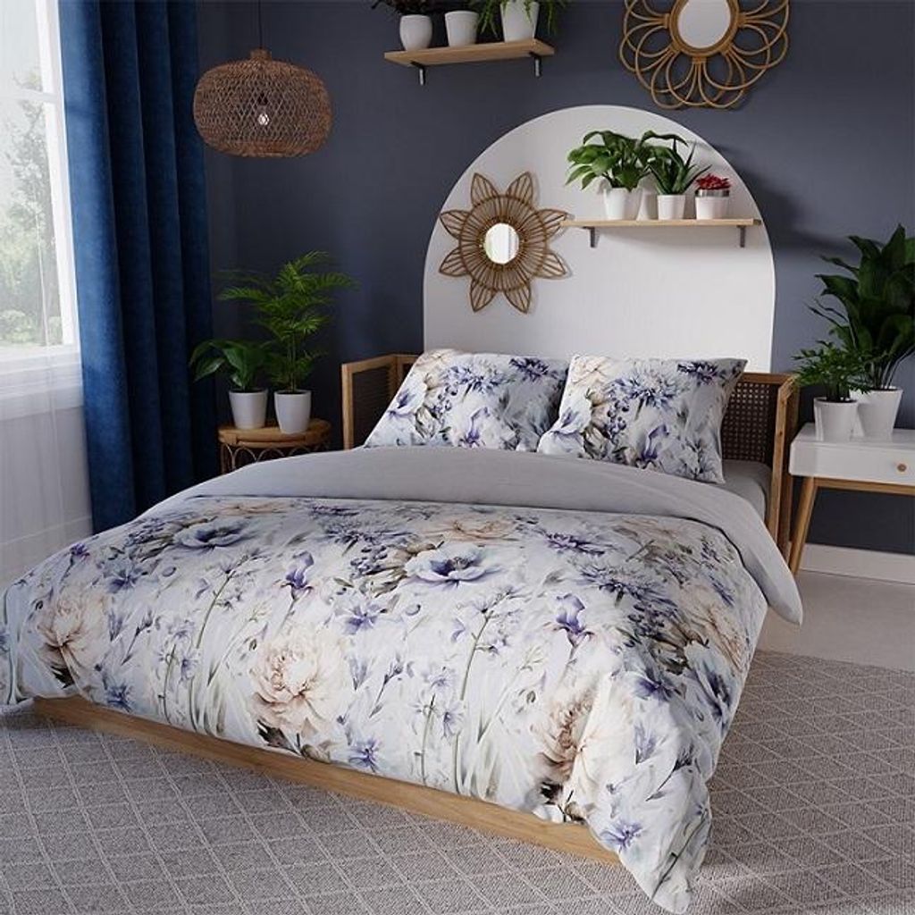 Bettwäsche, Baumwollsatin, Hohe Qualität 160x200 Celeste Hellblaue Blüten
