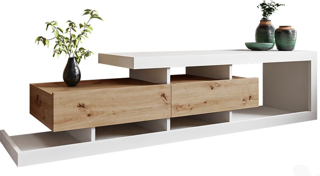 A modern TV lowboard with wooden drawers and white accents, displayed against a white background.