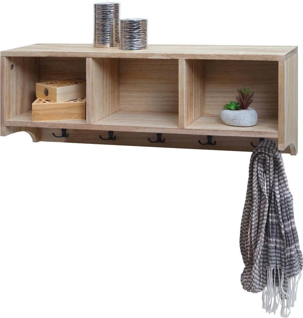 Scaffale a muro Economico HWC-K49 Legno Naturale 3 Vani 5 Ganci