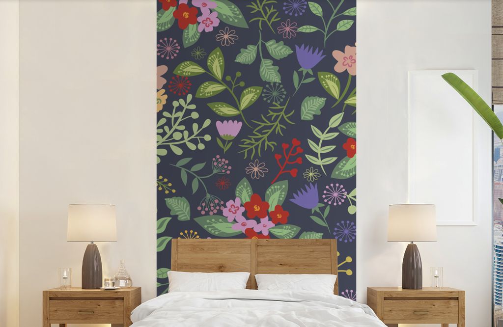 MuchoWow Fototapete für Wohnzimmer oder Schlafzimmer Wandtapete Vinyl Motivtapete Eine florale Illustration mit viel Farbe - 120x240 cm - Hinter...