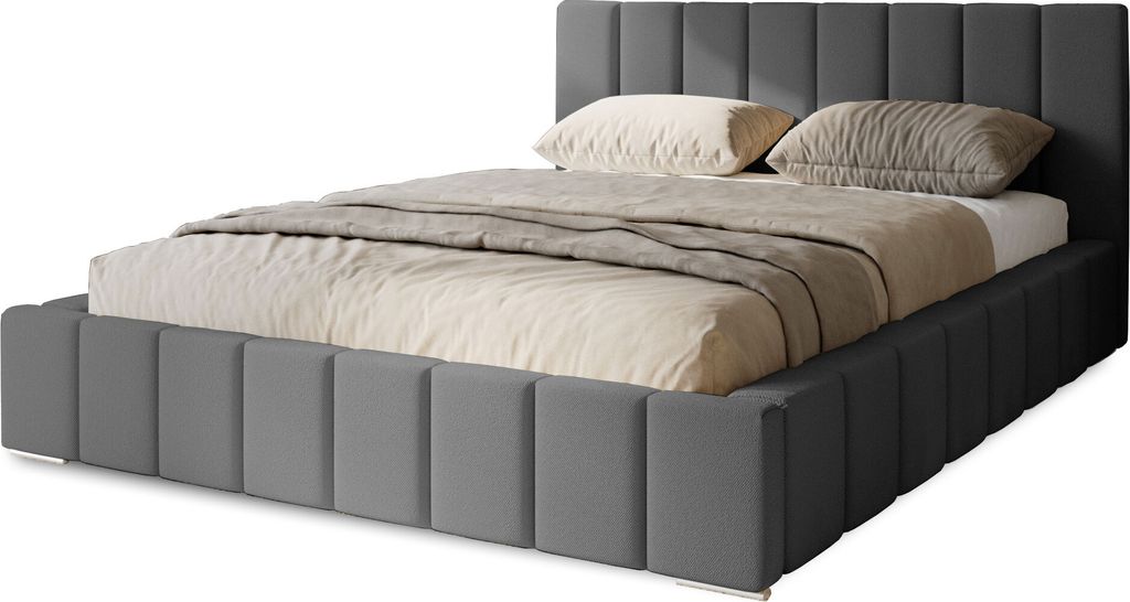 Polsterbett Menos 180x200 cm, Bett mit Kopfteil, Doppelbett mit Bettkasten und Lattenrost aus Holz, Velourstoff: Dunkelgrau