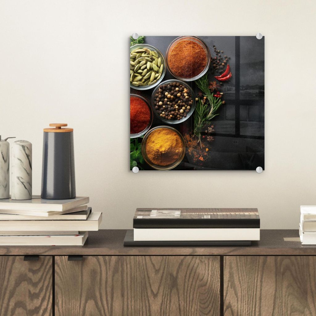 MuchoWow Glasbilder - Bilder auf Wandbild - Foto auf Glas Gläser - Tabletts - Blätter - Kräuter 40x40 cm Wanddekoration aus Glas - Acrylglasbild...