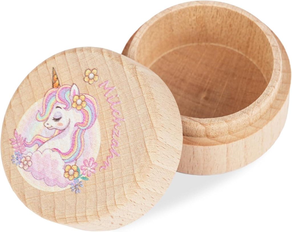 Zahnbox aus Holz mit Einhornmotiv – personalisierte Aufbewahrung für Milchzähne – Erinnerungsstück für Mädchen