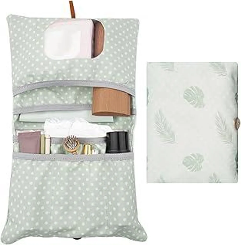 Borsa fasciatoio organizer e beauty case 2in1, piccola borsa per pannolini, organizer per pannolini da viaggio, pannolini e salviette per la mamma (Leaves)