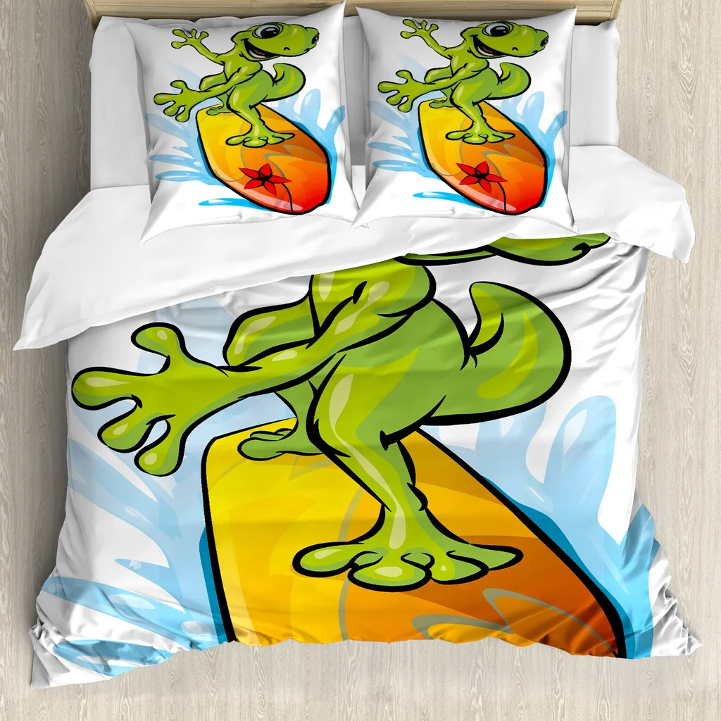 Housse de Couette Anti-Acariens 155x220cm Gecko Surf Design Bleu Vert