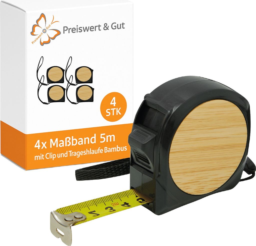 4x Rollmaßband mit Automatik und Feststeller Clip 5m – Set Maßband in Gelb, massband aus Stahl, Bambus und Kunststoff