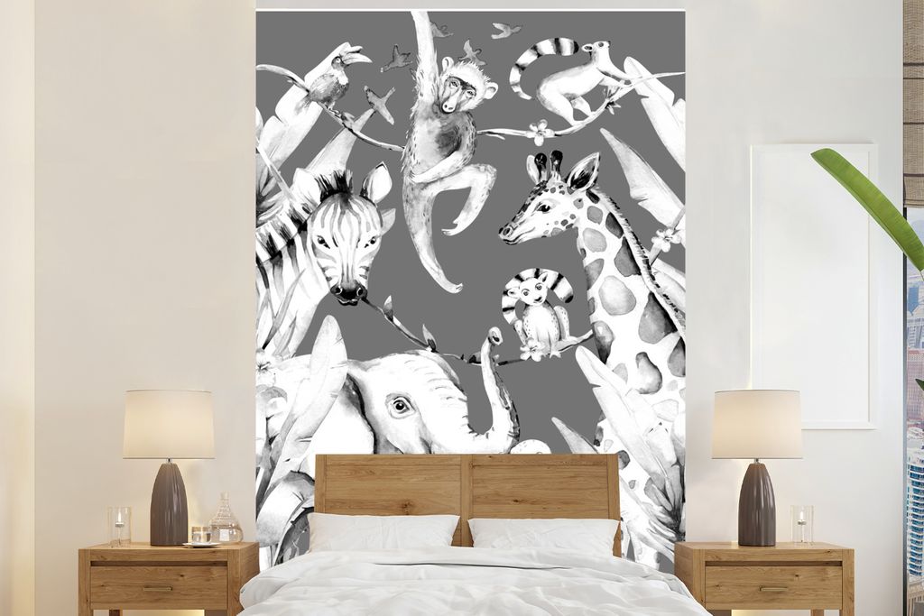 MuchoWow Fototapete für Wohnzimmer oder Schlafzimmer Wandtapete Vinyl Motivtapete Aquarellieren - Tiere - Dschungel - Jungen - Blau - Kinder - 1...