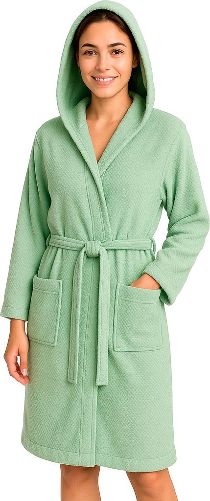 Heimtexland Bademantel Damen Waffelpique Saunamantel Frottier Kapuze 100% Baumwolle schnelltrocknend saugfähig hautfreundlich Typ915 grün S
