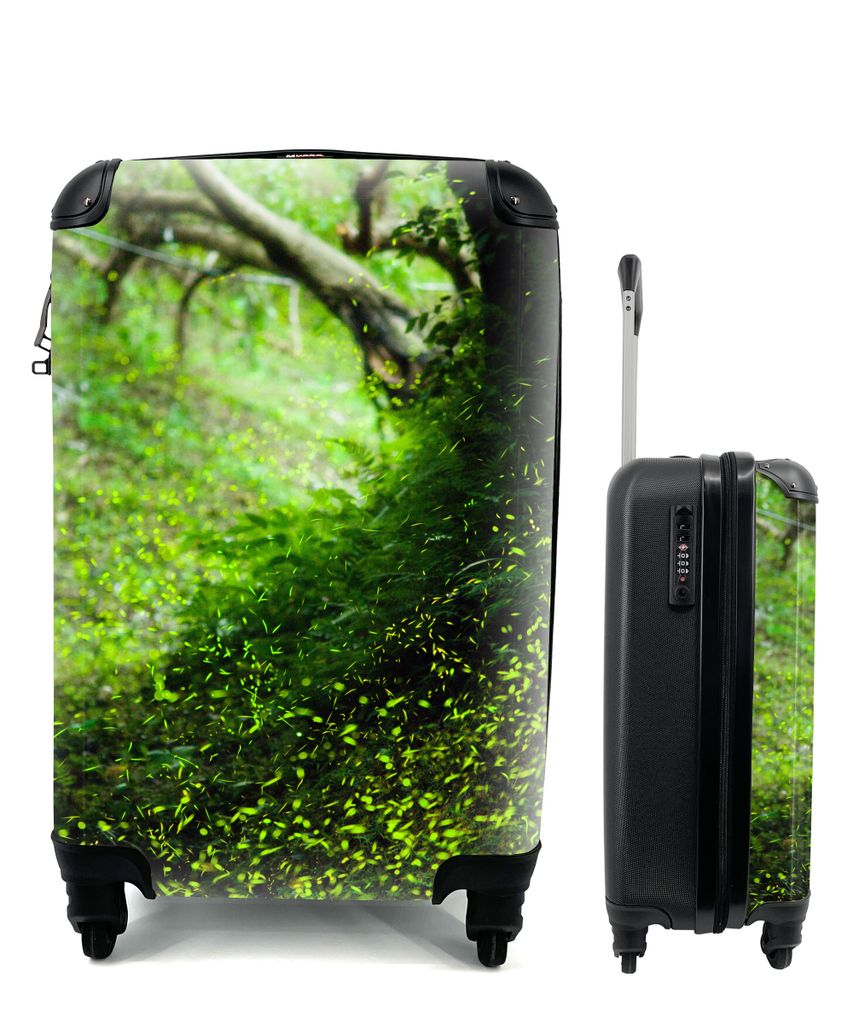 MuchoWow Koffer Handgepäck Trolley Rollkoffer Kleine Reisekoffer mit 4 Rollen - Glühwürmchen in einer grünen Landschaft während der Tageslic...