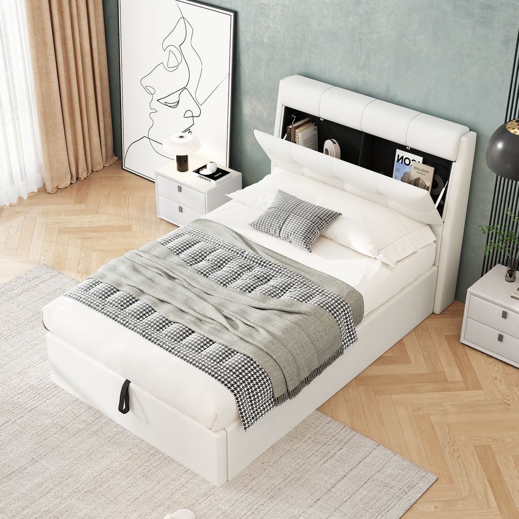 okwish Polsterbett mit Matratze 90x200,Jugendbett Stauraumbett mit verdeckte Kopfteilablage&Bettkastenablage, Bettgestell mit Lattenrost und mit Ko...