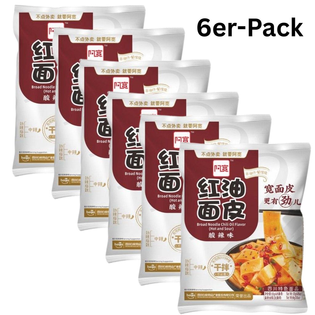 6er-Pack BAIJIA A-Kuan Breite Nudeln Bandnudeln Chiliöl Hot & Sour 115g