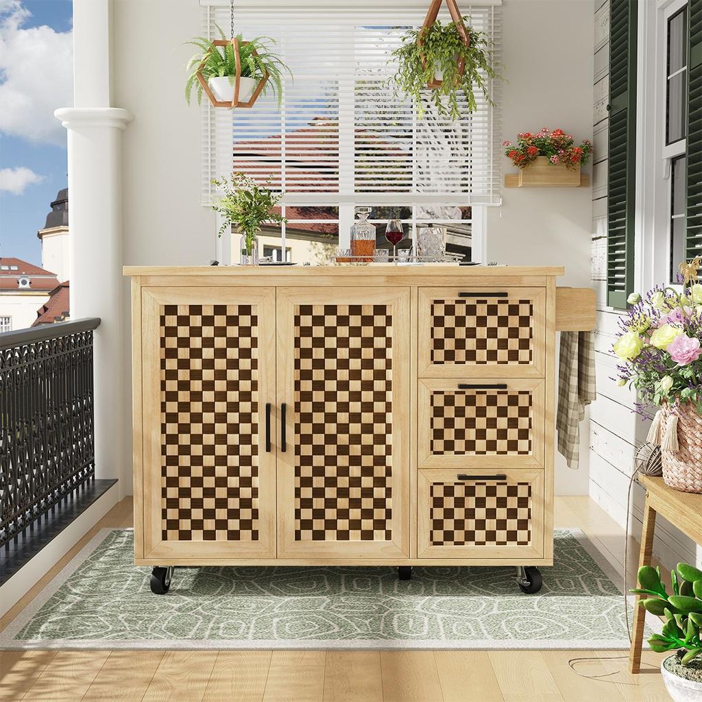 Küchenwagen mit Handtuchhalter und Rollen Schachbrettmuster Kücheninsel Küchenschrank 120 x 45 (75) x 92 cm Holzmaserung