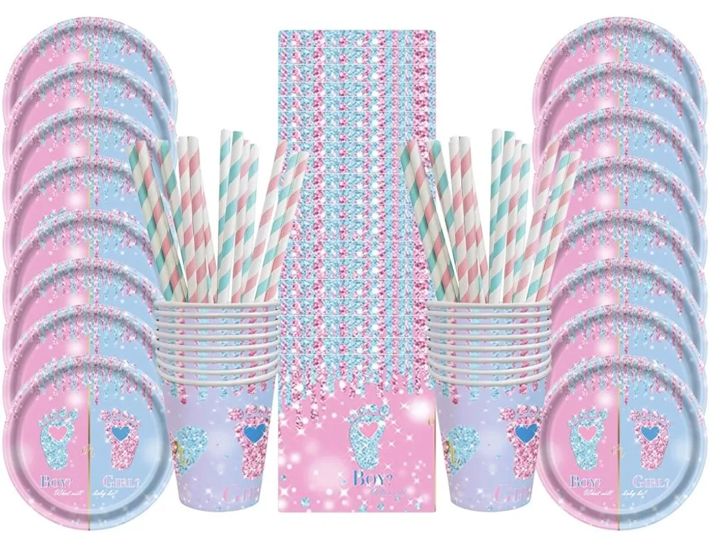 Kit Vaisselle Jetable Fête Prénatale Gender Reveal - Design Varié 68 Pcs