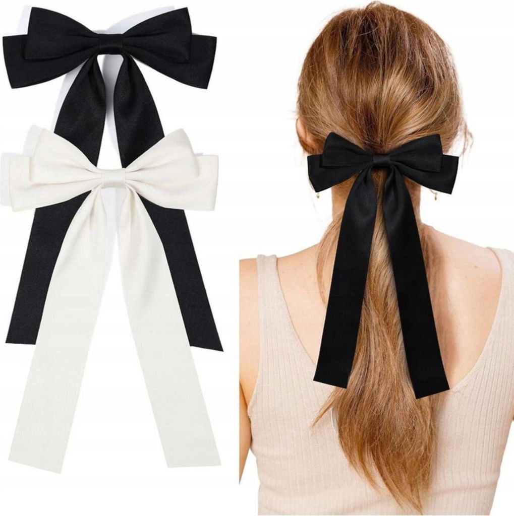 Set mit 2 Haarspangen - Haarspange - Schleife - Band - Lange Schleife - Weiß und Schwarz