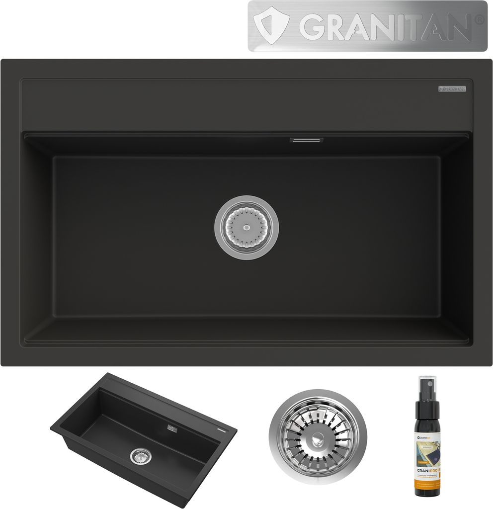 Granitan | Granitspüle ASTI - Schwarz - Große Kammer - Modernes Design - Inklusive Chrom-Siphon