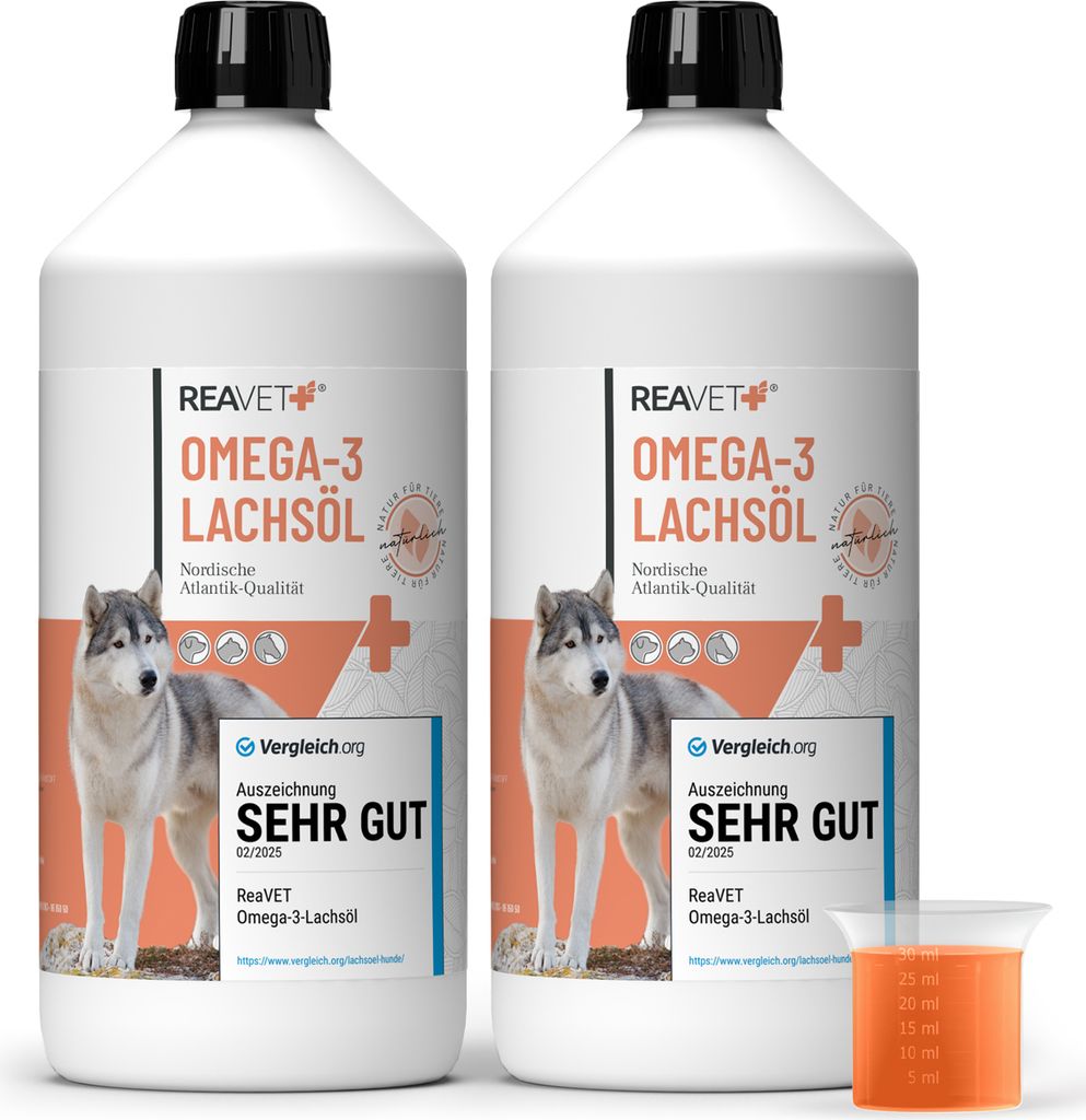 REAVET Lachsöl Hunde 2 x 1 Liter, Omega 3 & 6 Barf Öl Hochdosiertes Fischöl Hund in Lebensmittelqualität