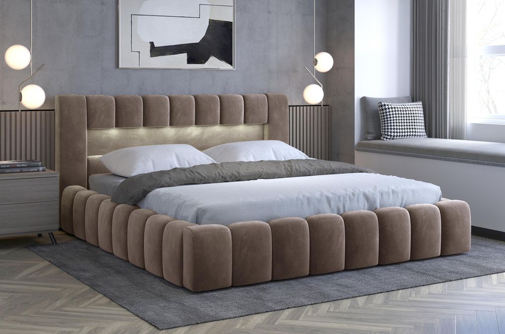 Krudox LAMI Polsterbett 180x200 cm Hellbraun Samt Doppelbett mit Bettkasten 2 Stauraumfächer Hohes Kopfteil Metallrahmen Bettgestell ohne Matratze