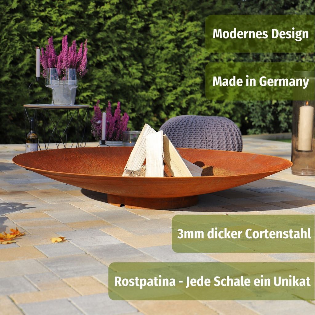 CLGarden Feuerschale aus 3mm Cortenstahl 120cm groß Moderne Edelrost Feuerstelle Corten Stahl Rost Feuer Schale Rostoptik
