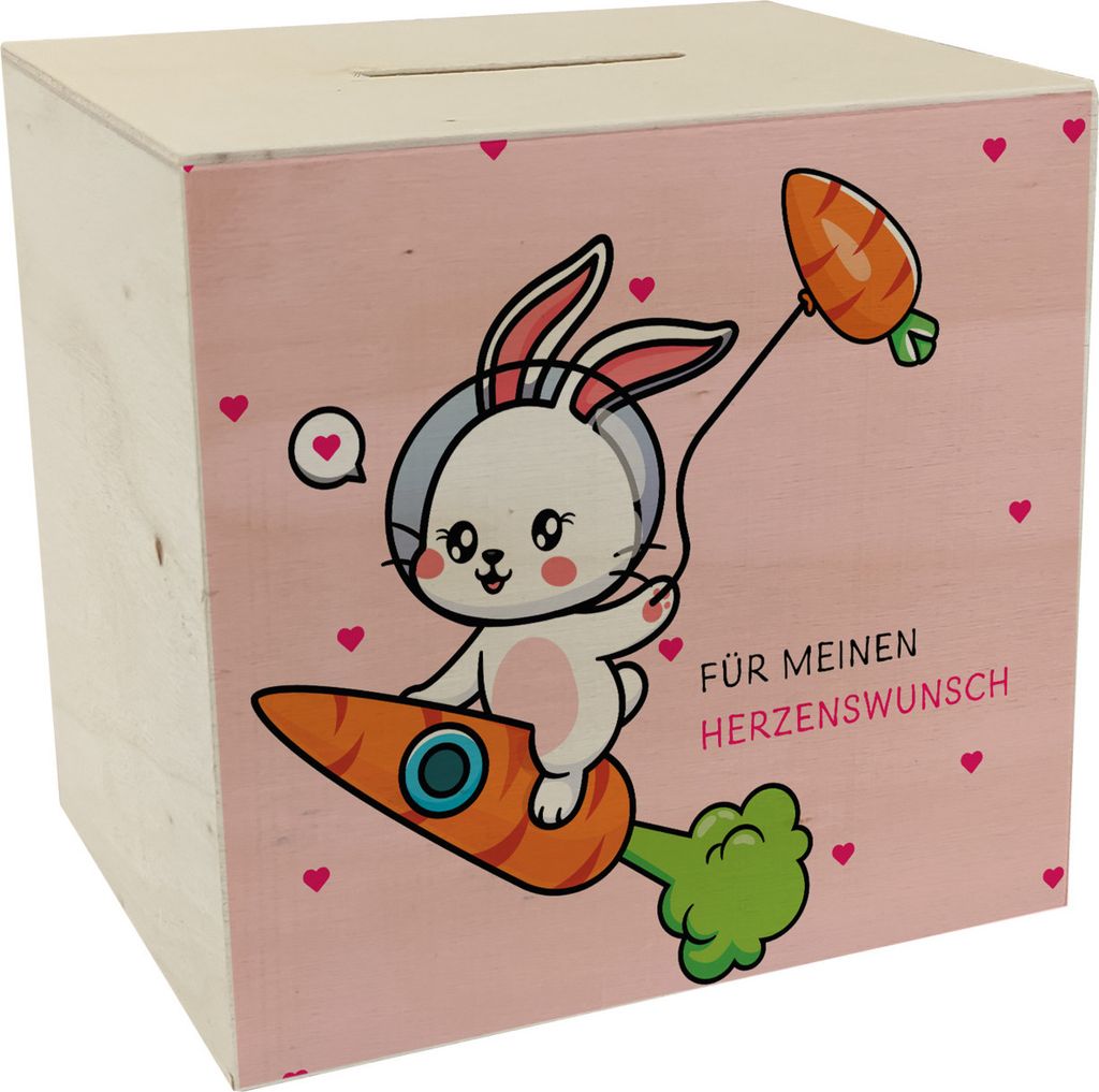 Niedliche Spardose aus Holz mit Häschen Motiv - Für meinen Herzenswunsch