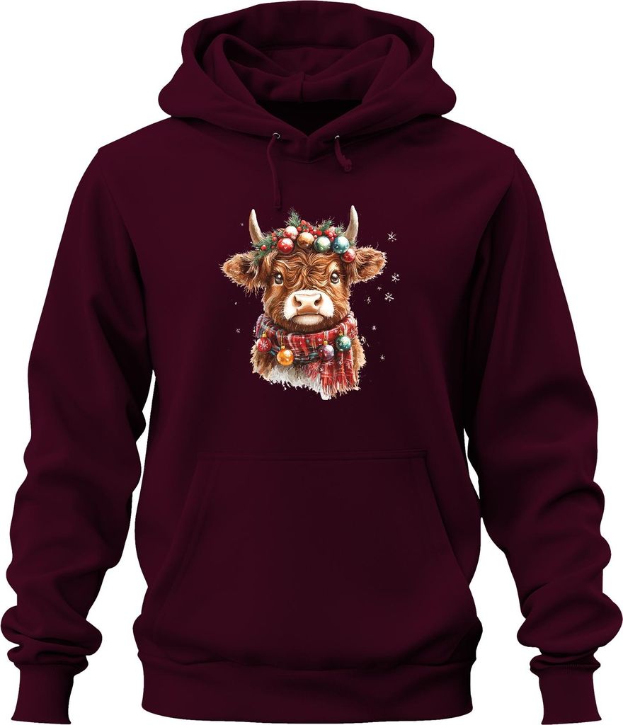 Highland Kuh Weihnachtskranz Weihnachtskugeln Schal Schneeflocken Uni Hoodie Kapuzenpullover, Burgundy, XXL