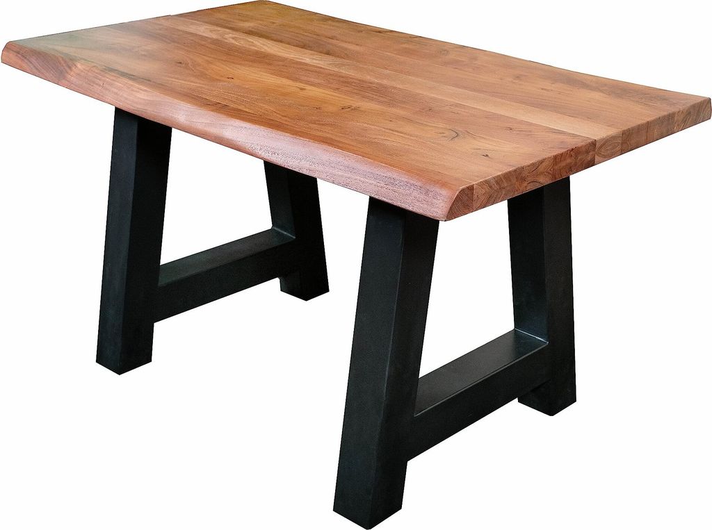 Esstisch 140 x 80 cm Cali, Baumkantentisch nussbaumfarben, Akazienholz massiv, A-Gestell aus Metall Schwarz, aufgedoppelte Kanten 25+25 mm