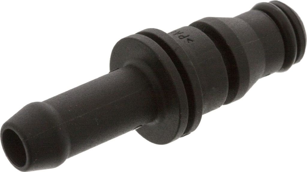 A black plastic hose connector is shown against a white background.