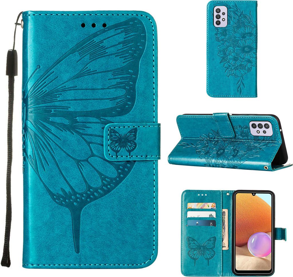 Galaxy A32 5G Hülle, Schmetterling Prägung Flip Leder Kartenfächer Schutzhülle Ledertasche mit Ständer für Samsung Galaxy A32 5G Blau
