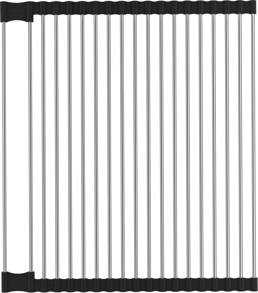 A stainless steel dish rack that rolls up, with black rubber ends.