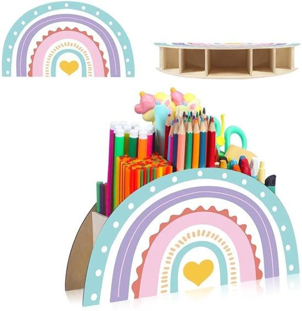 Pot à crayons arc-en-ciel multicolore en bois massif spécial écolier