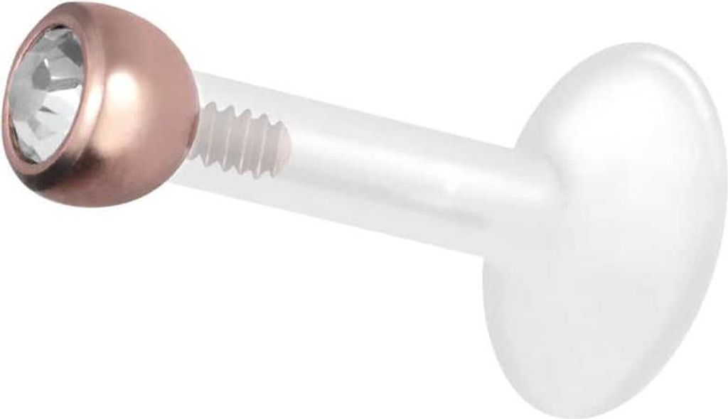 Ohrpiercing, Nasenpiercing PTFE Labret mit Innengewinde + Titan-Aufsatz KRISTALL RoséGold Stablänge: 6mm + Stabstärke: 1,2mm + Kugelgröße: 2,5mm