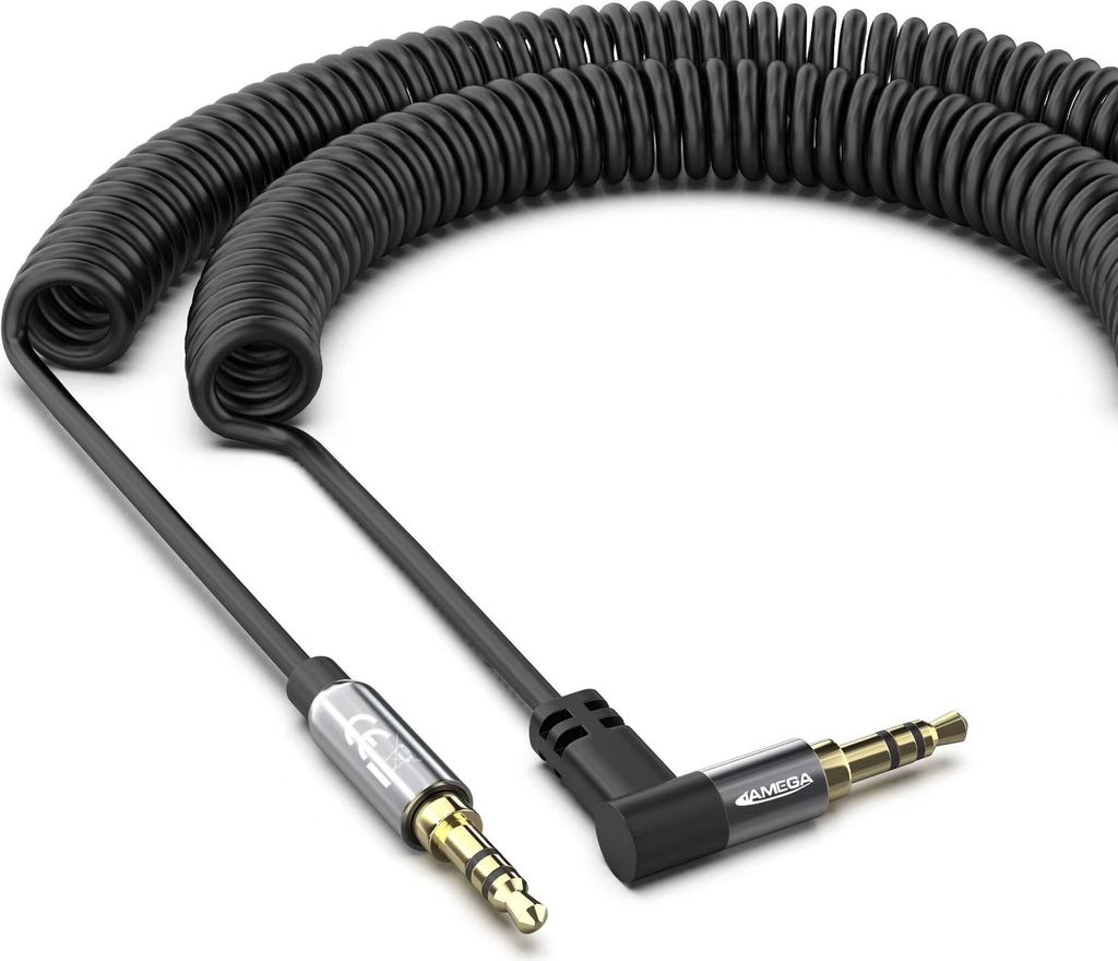 Spiral Kabel Winkel Klinken Stecker 3,5mm Stereo - iPhone TV Boxen Schwarz, bis zu 1m