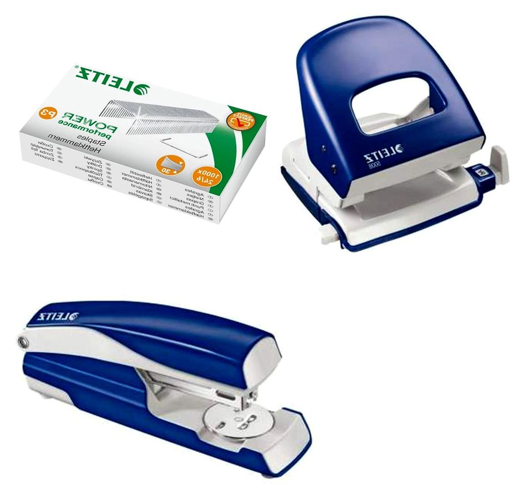 NeXXt Series Bürolocher, Metall, bis zu 30 Blatt / Kombi-Set mit Heftgerät und 1000 Klammern (blau)