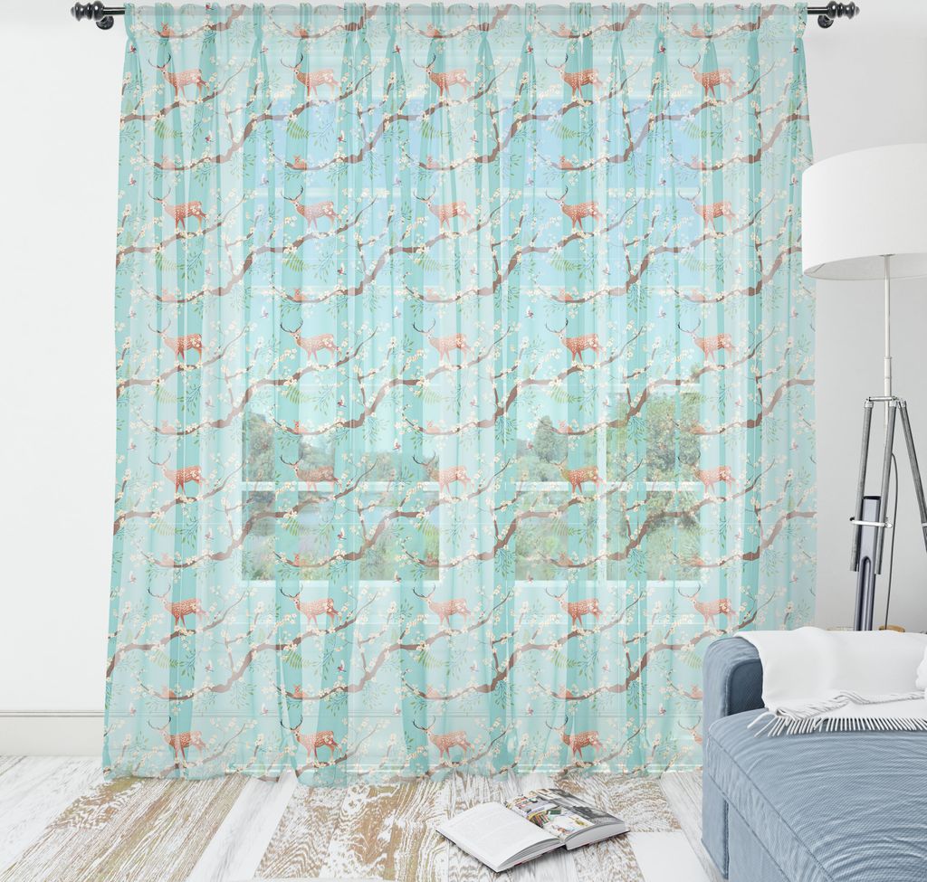 ABAKUHAUS Wald Wandteppich, Tier Vogel Sika Deer Japanese Style Pattern Sakure Blüten, Wohnzimmer Schlafzimmer seidiges Satin Wandtuch, 240 cm x 2...