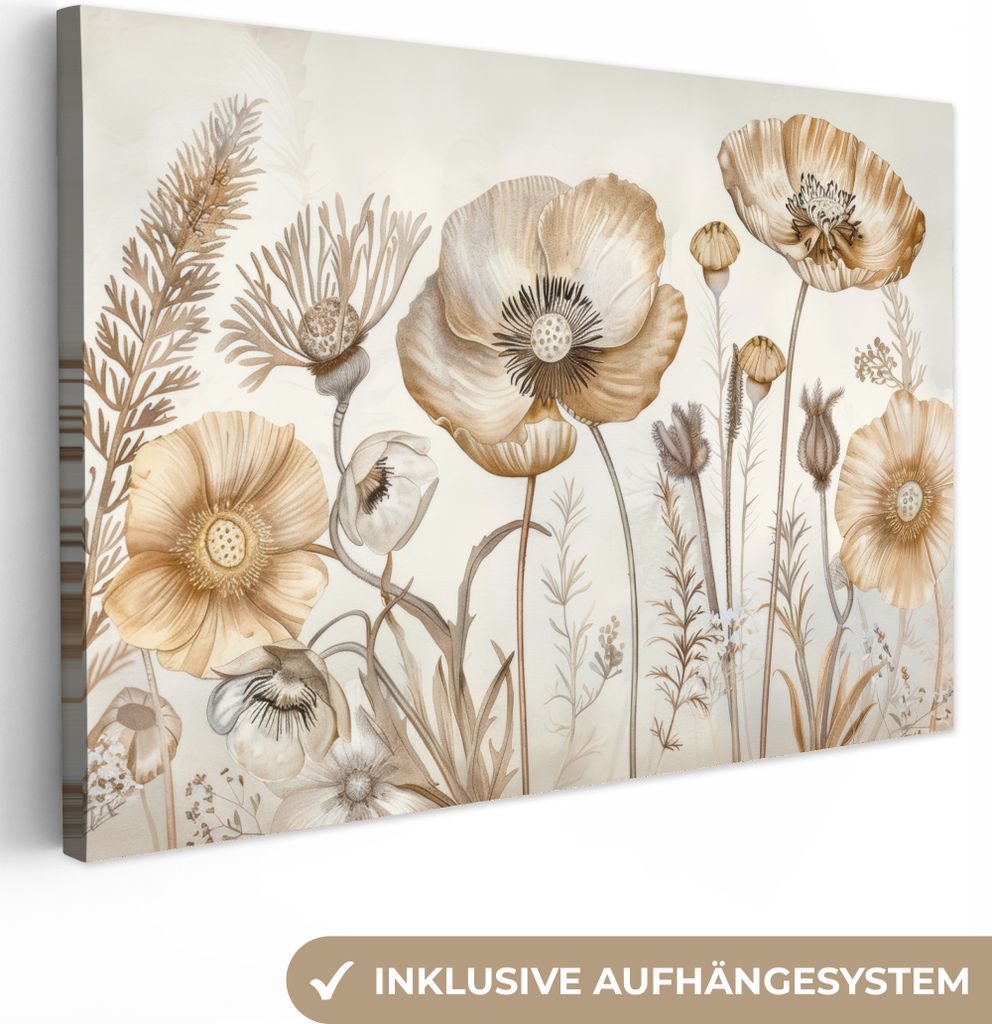 MuchoWow - Leinwandbilder - Blumen - Beige - Natur - Illustration, Wandbild, Wanddeko Bilder Wohnzimmer, 30x20 cm