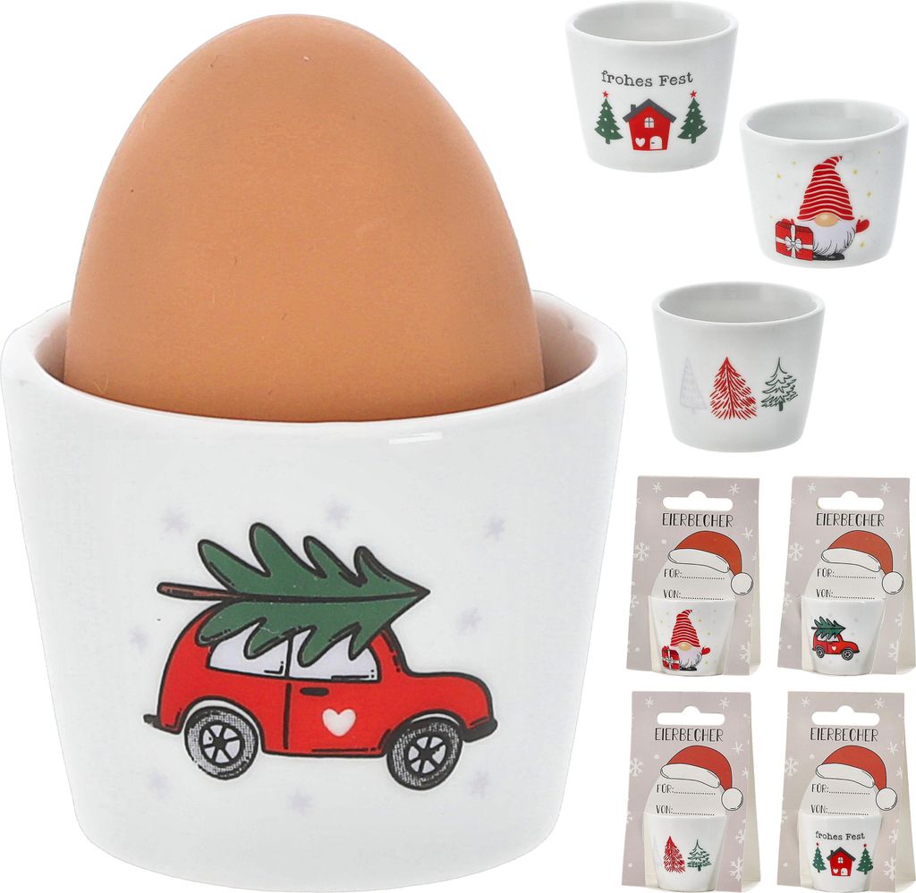 Eierbecher XMAS 4er Set 4 Motive Porzellan weiß 5x4cm weiß Halter für Eier Weihnachtsmotive Eierständer mit Karte zum Beschriften und Aufhängen