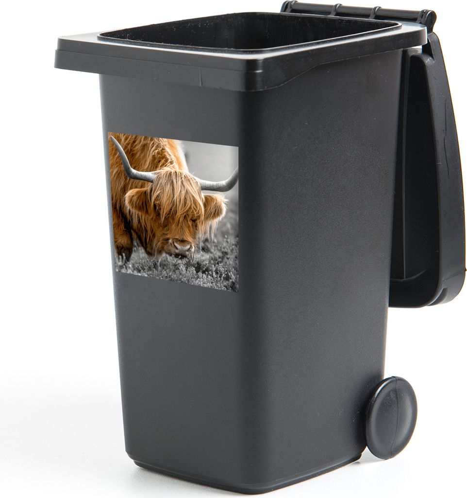 MuchoWow Mülltonnenaufkleber Farbe - Schwarz - Weiß - Scottish Highlander 40x40 cm - Abfall-Aufkleber - Container - für Abfallcontainer