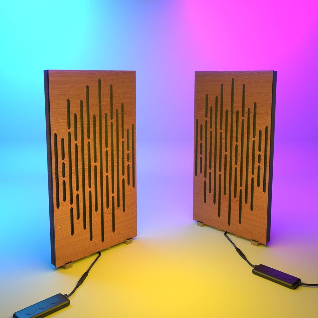 2er-Pack schmale Akustikplatten "WAVE-mini" mit RGB-Schreibtischlampe | Mobiler Ständer mit LED-Tischfuß | 25 x 50 cm |Kirschbaum