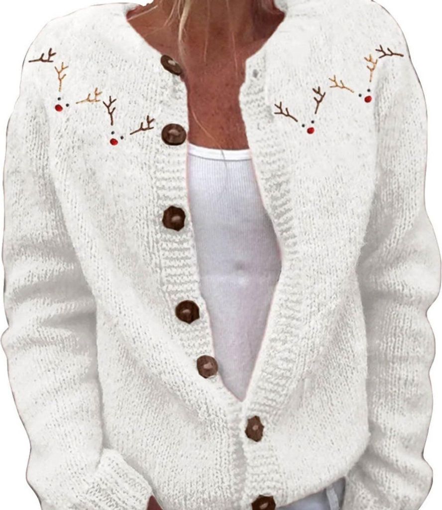ASKSA Damen Weihnachts Strickjacke Weihnachtsjacke Weihnachten Cardigan Reindeer Weihnachtsmann Weihnachtspullover Sweat,F-Weiss,XXL