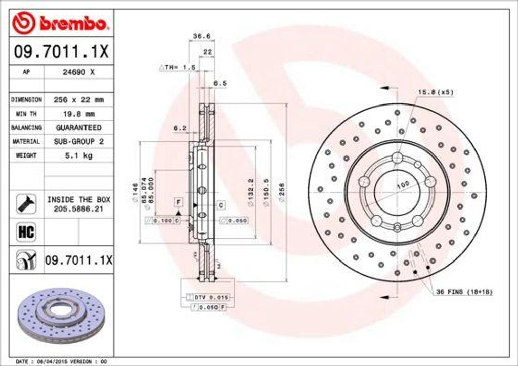 BREMBO 09.7011.1X Bremsscheibe OE 1J0615301D kompatibel mit Polo 9N, Golf IV, Fox, Bora, Roomster, Rapid, Octavia, Fabia, Toledo, Leon, Ibiza, Cord...