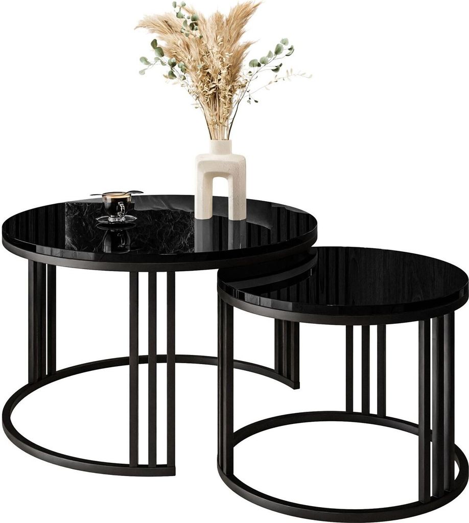 A set of two nesting coffee tables with black glossy tops and black metal frames.