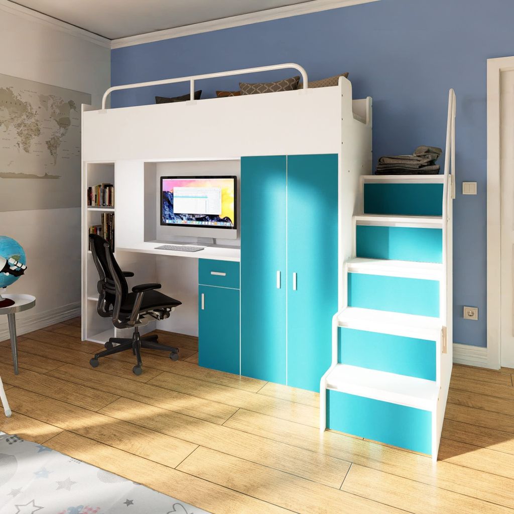 Marlux-Meble Hochbett Kinderbett JSM-4 80x190 mit Kleiderschrank Schreibtisch und Treppe Matt Kinderbetten Funktionsbett Etagenbett Stockbett Kinde...