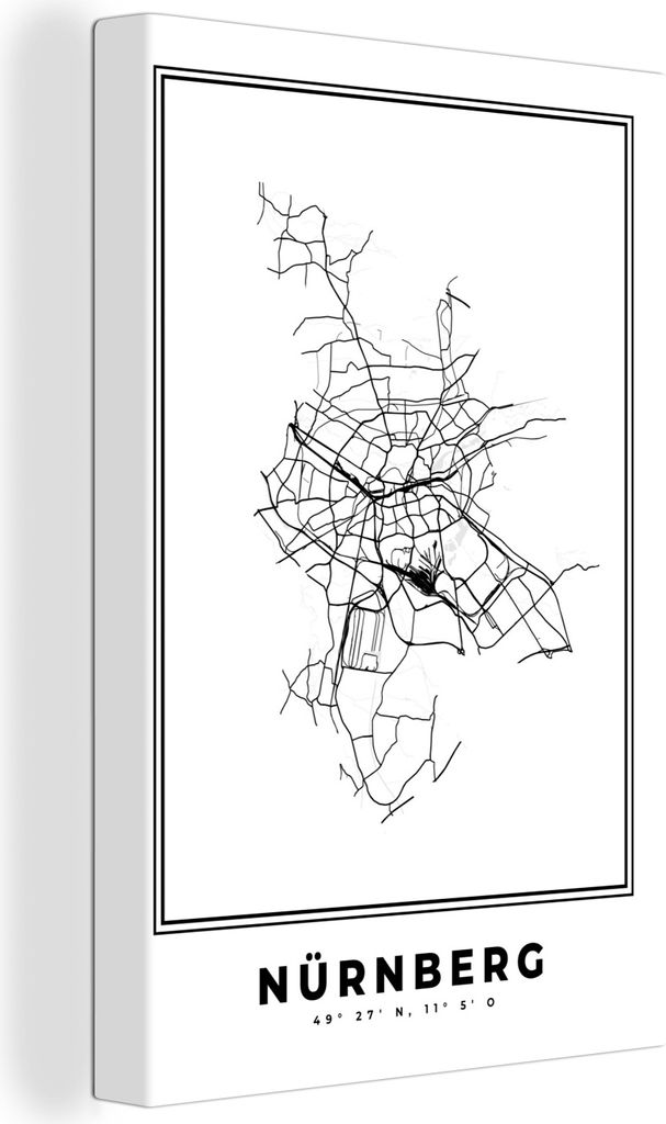 OneMillionCanvasses - Leinwandbilder - 90x140 cm, Stadtplan - Schwarz-weiß - Karte - Nürnberg - Deutschland, Wandbilder Kunstdruck Wanddekorati...