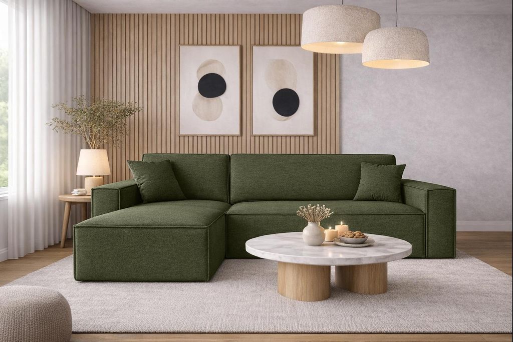 Kaiser Möbel Ecksofa mit schlaffunktion und bettkasten, Ecksofa L-Form, Eckcouch L-Form BEST stoff NEVE Links Olive