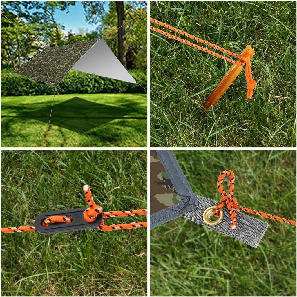 Camping-Zeltplane, 3 m x 3 m, wasserdicht, für Hängematte, mit 6 Heringen und 6 Seilen, anti-UV-Regen, Sonnenschutz, leicht, kompaktes Grundzelt,...