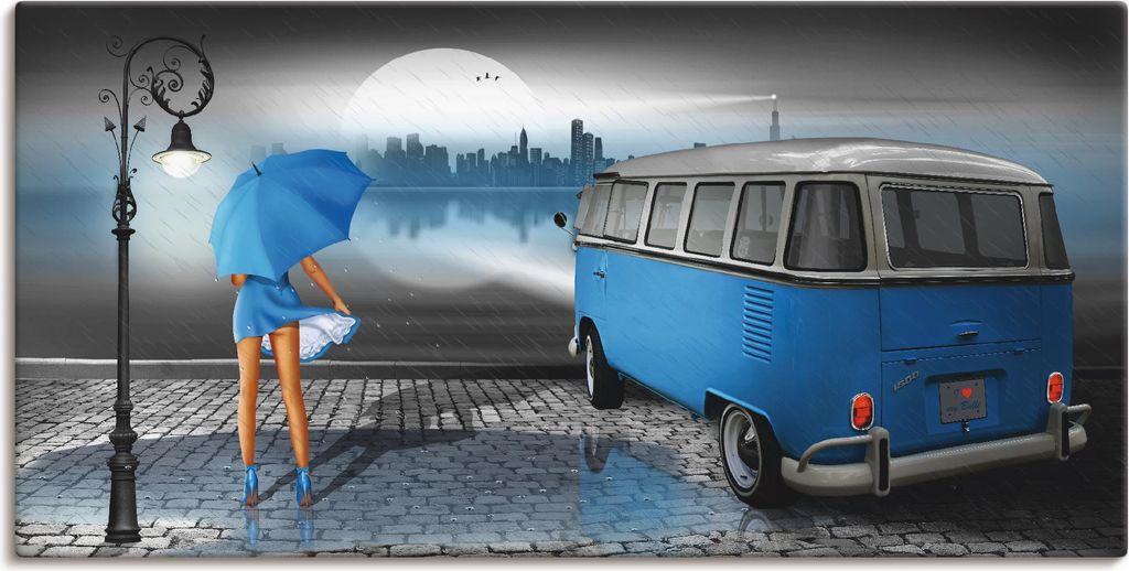 ARTland Leinwandbild Regennacht in Blau mit Camper T1 Größe: 100x50 cm