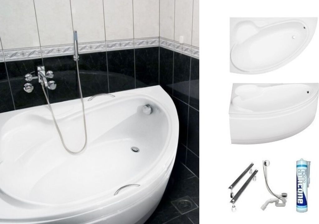 ECOLAM Badewanne Eckbadewanne Acryl Bianka weiß 150x95 cm LINKS + Handgriffe x 2 + Schürze Ablaufgarnitur Ab- und Überlauf Automatik Füße Silikon