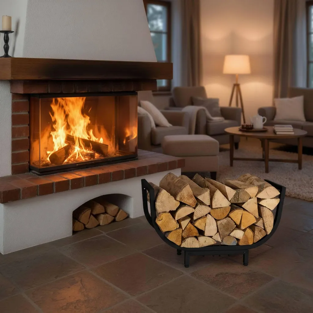 Porte-bûches design en fer forgé - Râtelier bois de cheminée compact - 2